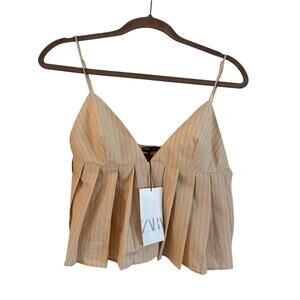 Zara Women’s Cotton Pleated Spaghetti Strap Crop Top Beige/Pink Size M NWT